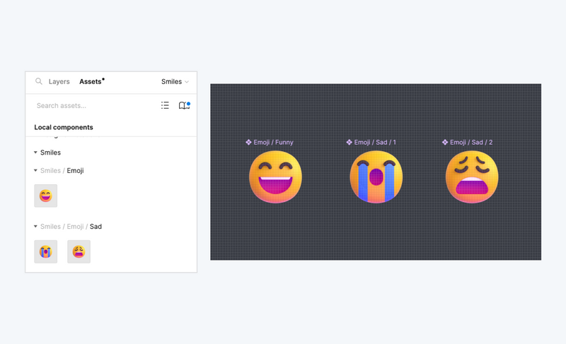 На риунке видим, что при использовании слэша "/" в именах компонентов, мы добавили в папку "Emoji" (на странице "Smiles") еще одну папку "Sad" в которой у нас лежит два компонента