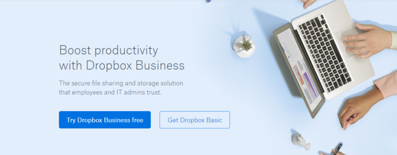 Dropbox использует размер и цветовой контраст, чтобы привлечь внимание пользователя к кнопке призыва к действию «Попробуйте Dropbox Business бесплатно»