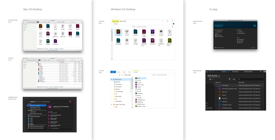 Фрагмент различных контекстов, в которых отображаются наши иконки типа файла Adobe