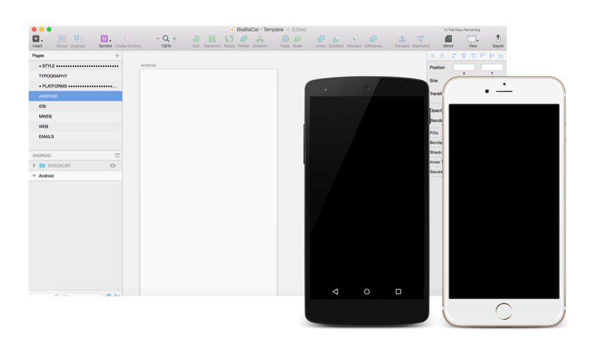 Инструменты дизайнеров в BlaBlaCar: пустой файл Sketch и 2 тестовых телефона.