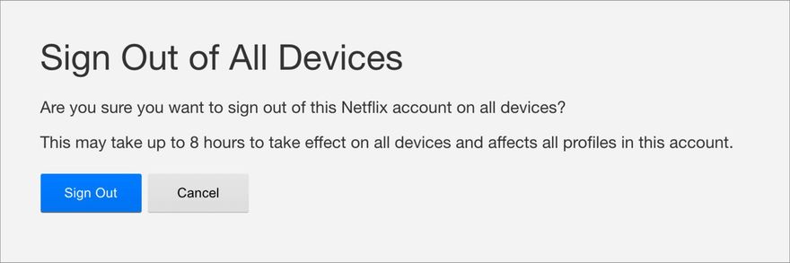 Netflix показывает диалоговое окно подтверждения перед выходом из аккаунта на всех устройствах.