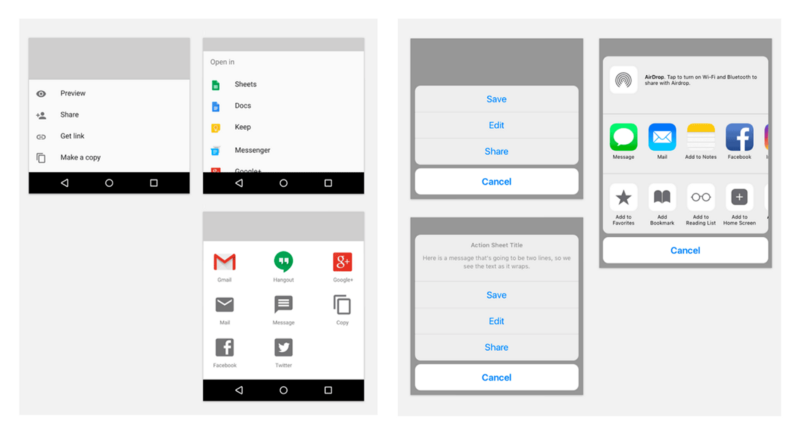 Слева – стандартные нижние листы Material Design; справа –листы активности в приложении iOS