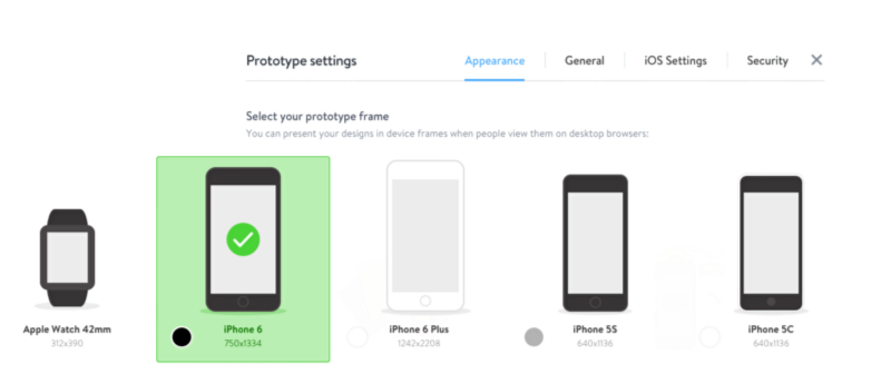 кликните на Settings, чтобы убедиться, что для прототипа установлен размер iPhone 6