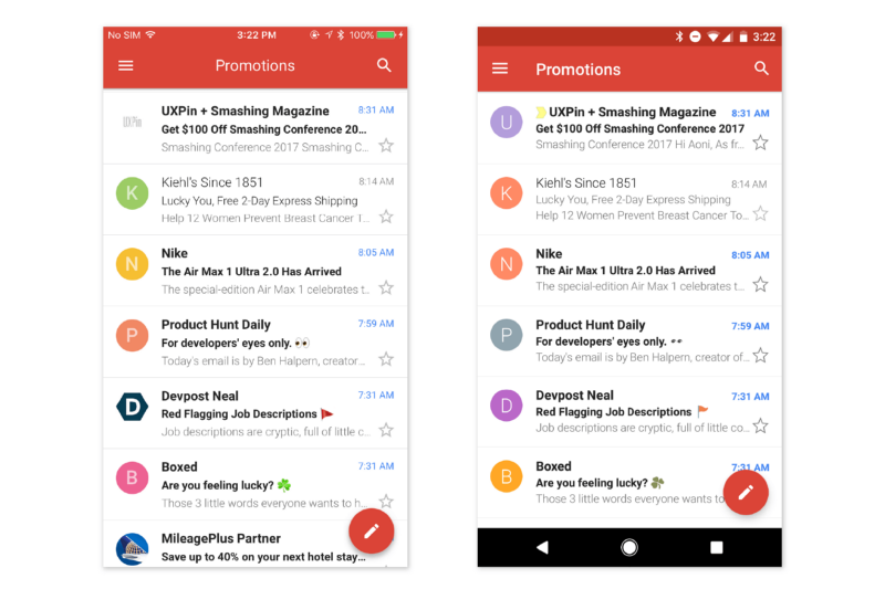 Слева – Gmail для iOS; Справа – Gmail для Android