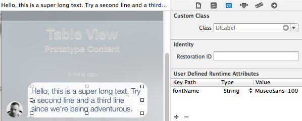В Storyboard, Runtime Attributes, задайте fontName для мени PostScript.