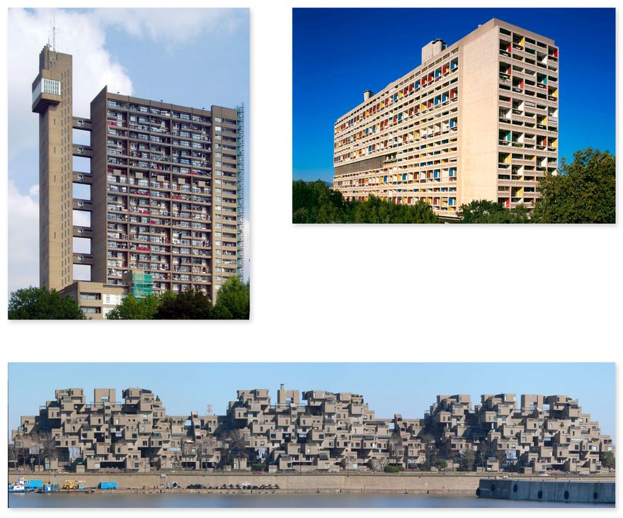 Треллик-тауэр, Лондон, 1966–1972, проект Эрне Голдфингера; Le Corbusier's Unité d'habitation в Марселе, Франция (1952); Habitat 67 в Монреале, Квебек, Канада