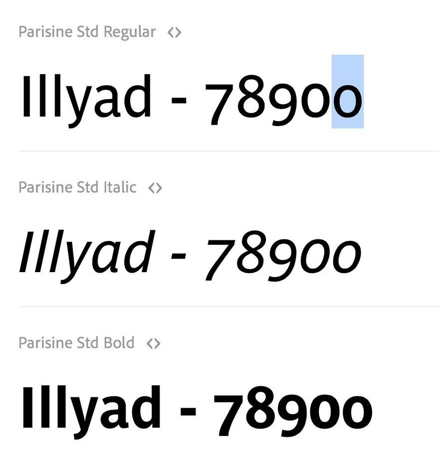 Шрифт Parisine число 0 слишком похоже на строчную букву