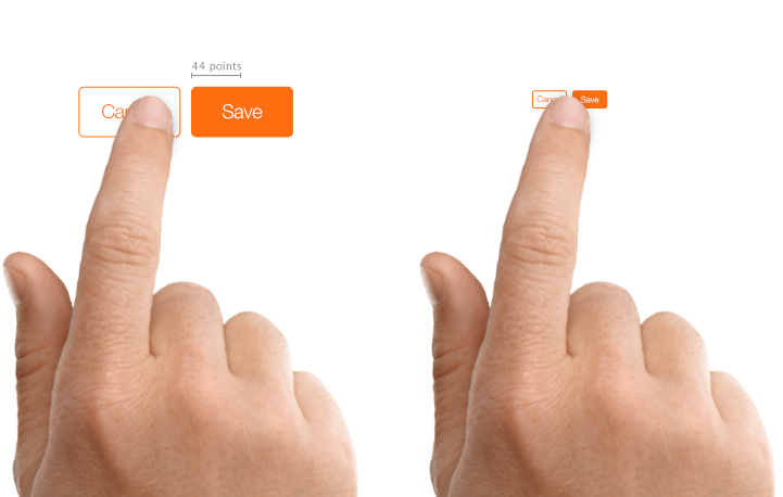 Слева: Кнопки подходящего размера. Справа: Кнопки слишком мелкие. Изображение: Apple
