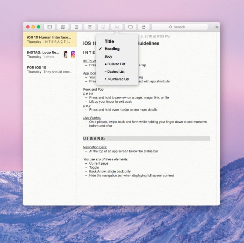 Программа Заметки от Apple - Стилизация с помощью верхней панели инструментов