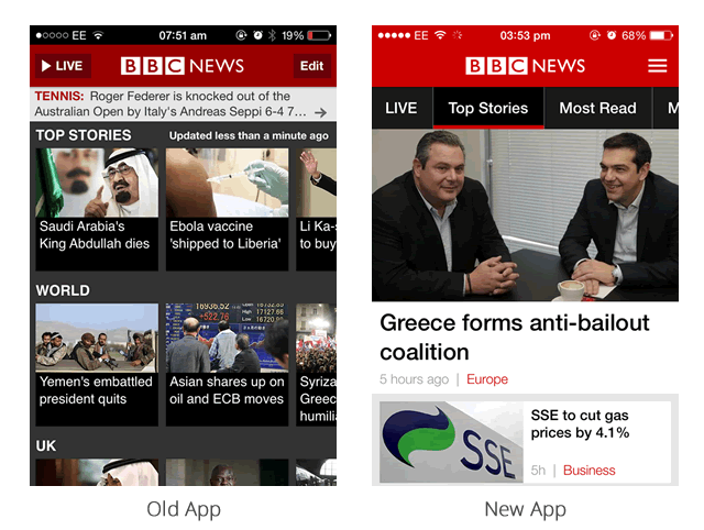 Старое и новое приложения BBC