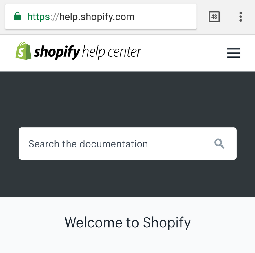 Справочный центр Shopify на мобильных устройствах