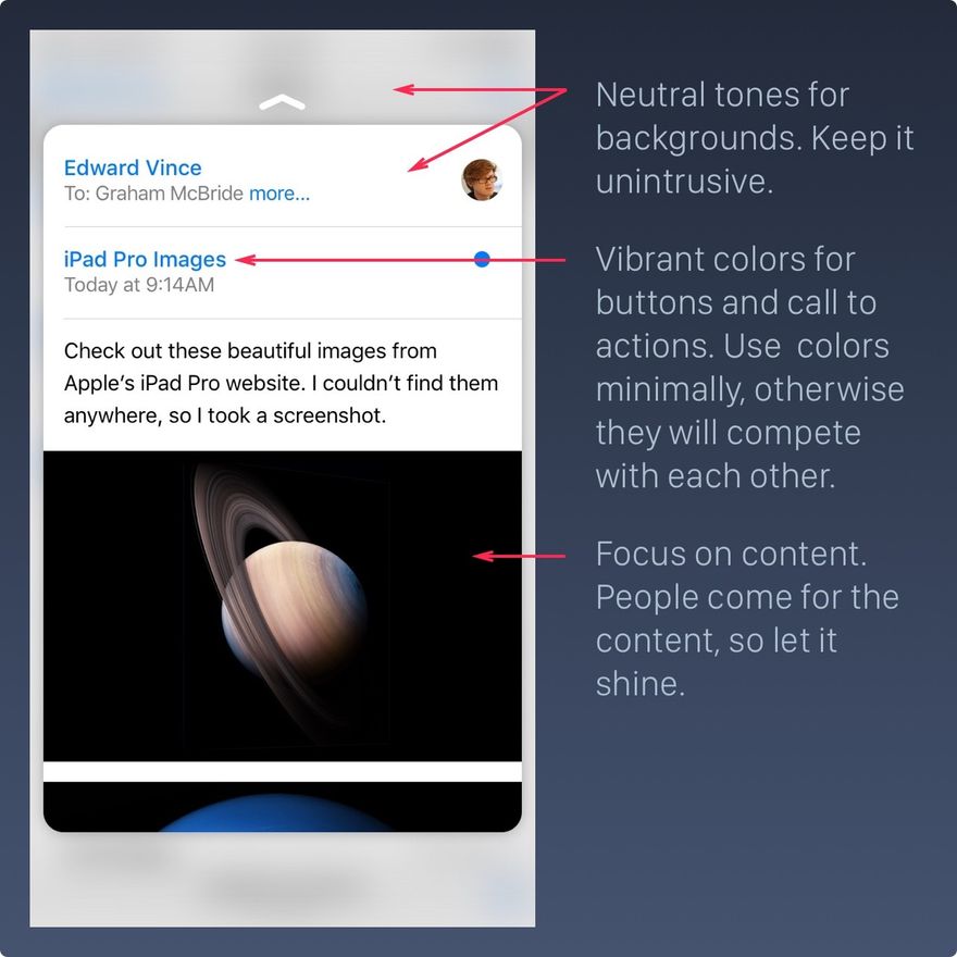 iOS часто использует нейтральные цвета в качестве фона или областей меню